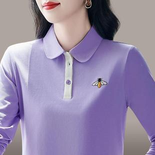 纯棉长袖t恤春秋减龄妈妈pool衫宽女松百搭休82645387衣闲上翻领
