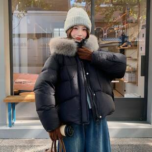 鸭新款绒ZSHI8811帽连简约时尚百搭短款羽绒服女真毛领芙面泡包服