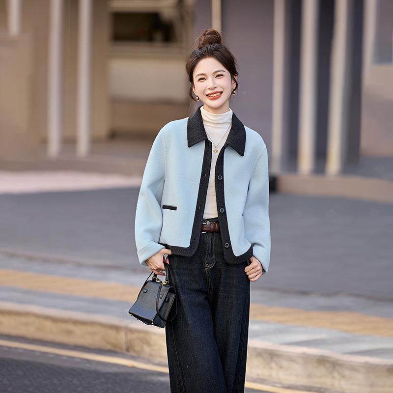 双面毛YE6513-1大衣女年秋羊冬新香款小风短款圆羊毛呢子领外套