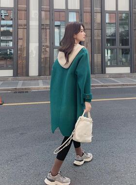 韩系墨绿色针ZZB228A织面连帽双呢衣女冬感季大新款高级气质羊毛