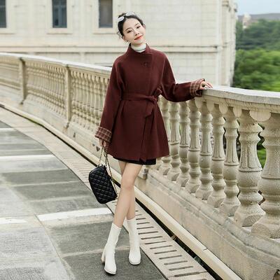 子ZMAN91-1酒红色格纹羊毛外女套中长款冬新款法式加厚时尚小个呢