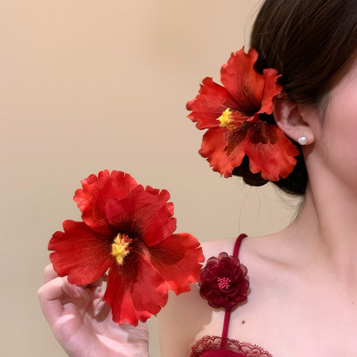 海岛多巴胺~红色扶桑花朵发夹