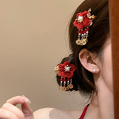 「有钱花」新年红色铜钱流苏毛绒花朵发夹女新中式 头饰发卡夹子