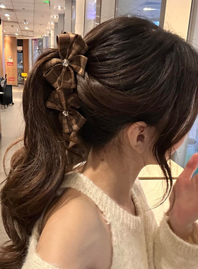 英伦学院~四叶花格纹蝴蝶结香蕉夹女发饰后脑勺发夹马尾竖夹头饰