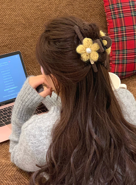 针织毛线珍珠花朵抓夹女后脑勺发夹竖夹大号鲨鱼夹头饰发卡发饰