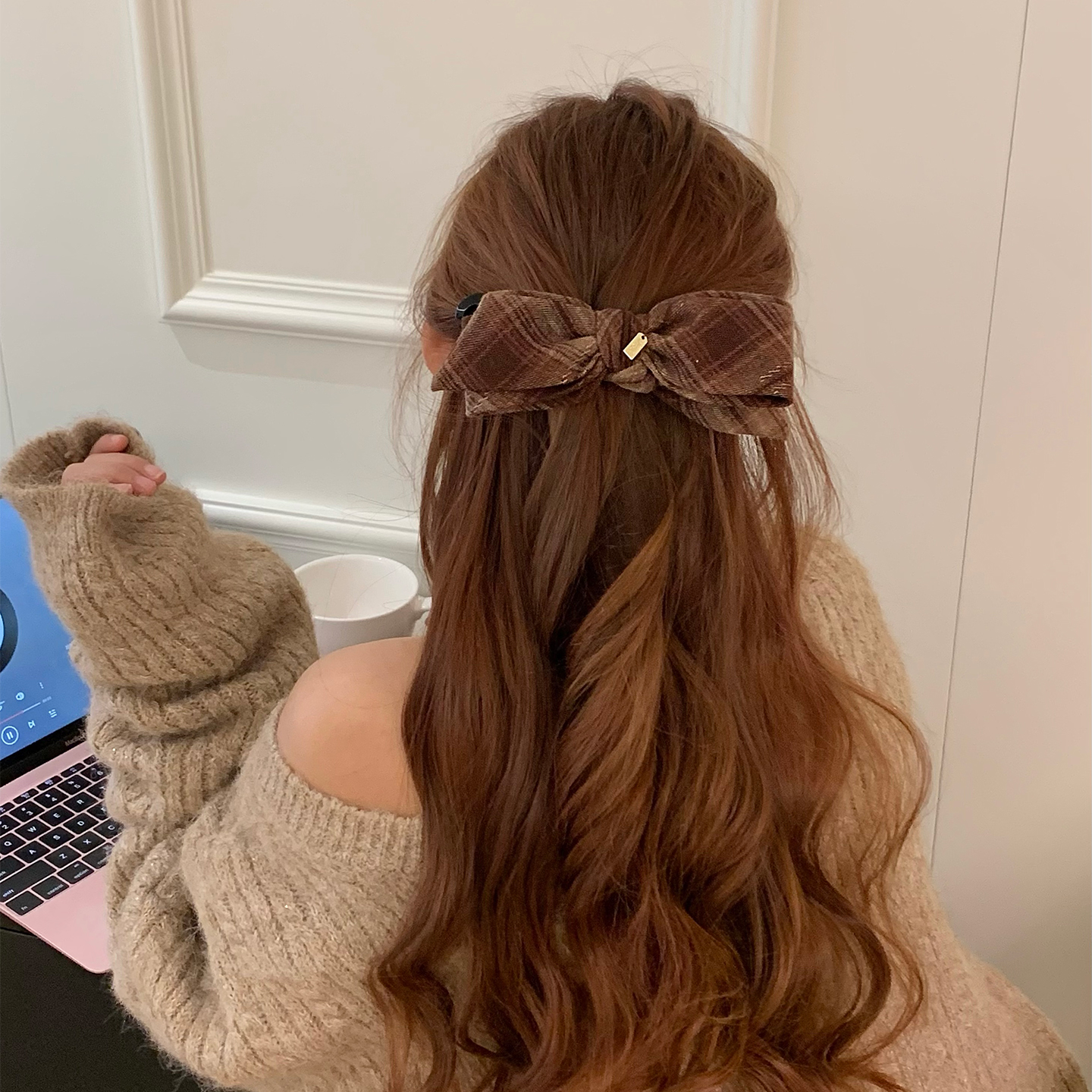 显发量~格纹毛呢蝴蝶结懒人夹