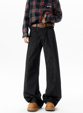 百搭黑色薄款微弹力美式复古新款阔腿牛仔裤男宽松垂感拖地长裤