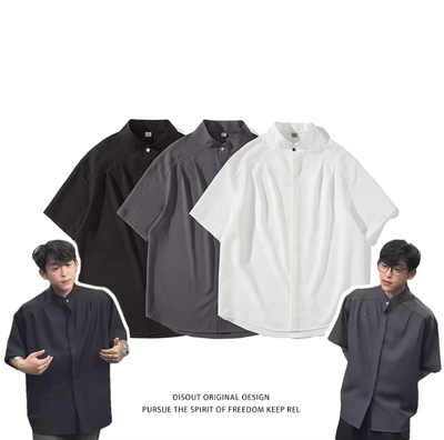 Flloy freely男士夏季新款潮流宽松纯色柔感隐藏式纽扣短袖衬衫男