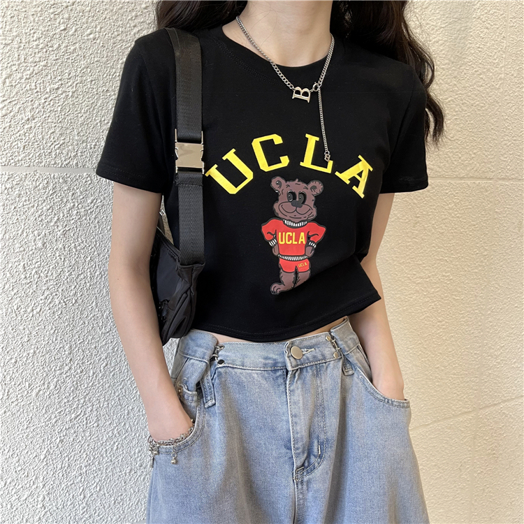 Real price real shot print slim fit short open navel bottom top women's summer foreign style versatile short sleeve T-shirt