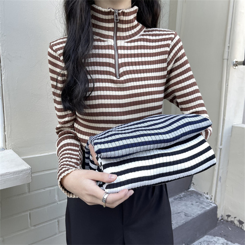 Real price real shooting new versatile striped high neck women's sweater foreign style top with thickened bottomed shirt inside