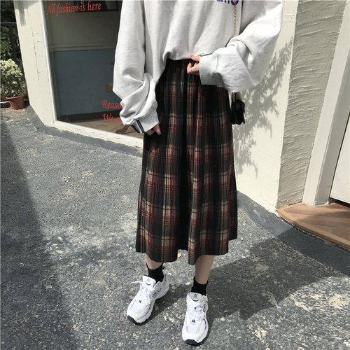 Real price real shot thickening autumn and winter mid length high waisted Plaid pleated skirt A-line long skirt