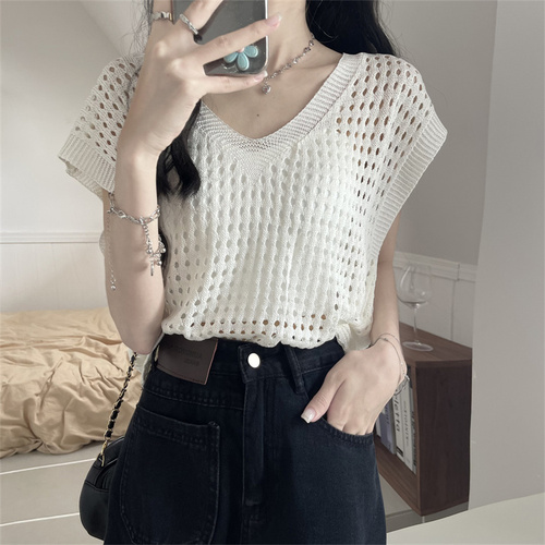 Real price and real shooting short sleeve hollow out sweater women's summer cover up Shirt Short V-neck top sweet blouse