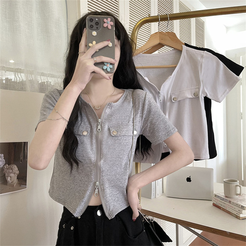 Real price real shooting summer Korean version slim and slim design sense short top gas double zipper T-shirt women