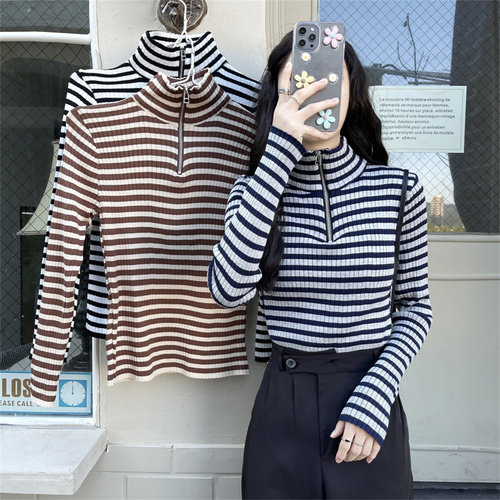 Real price real shooting new versatile striped high neck women's sweater foreign style top with thickened bottomed shirt inside