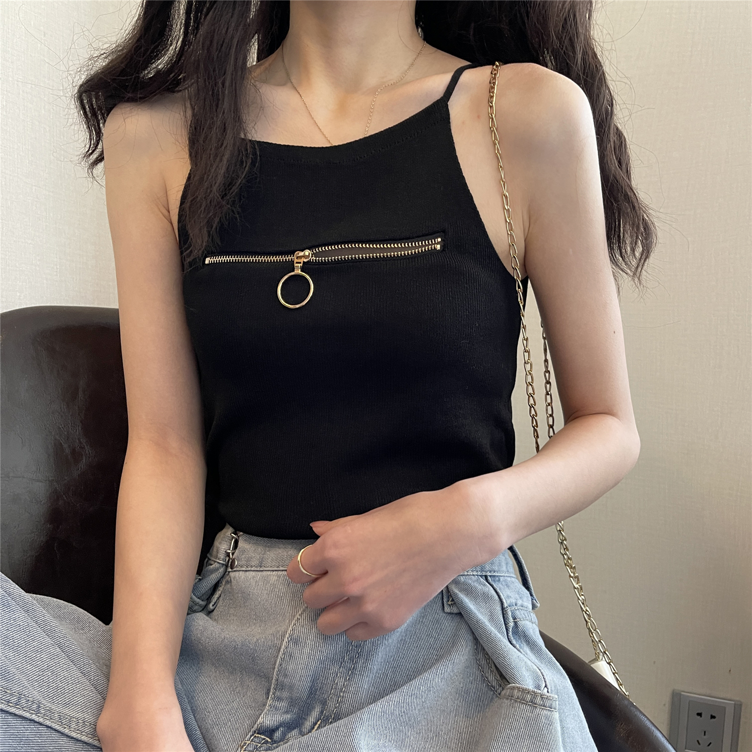 Real price real shot short sleeveless knitted suspender vest summer women's wear hanging neck top