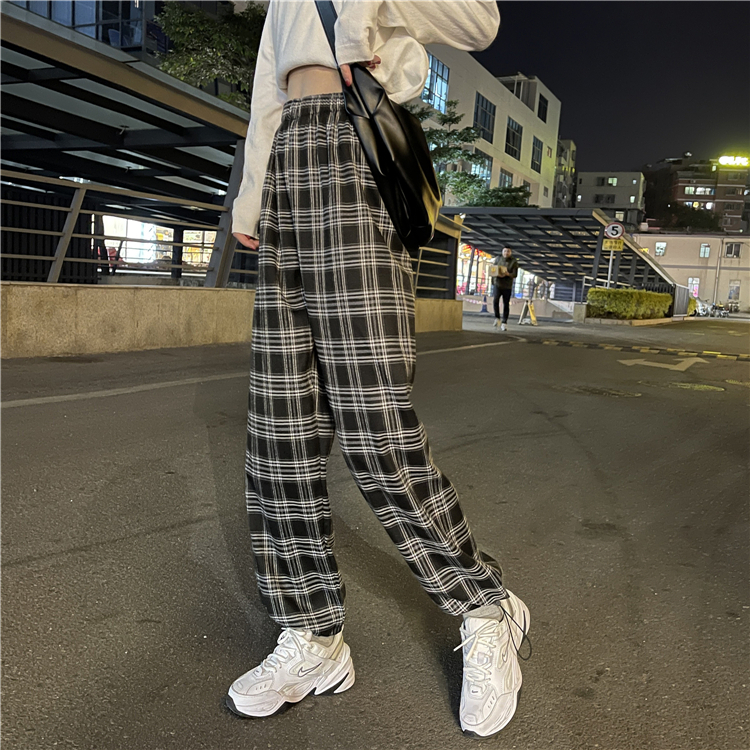 Real price real shot plaid pants women's loose straight tube drop feeling high waist spring and autumn tide leisure Plaid binding feet