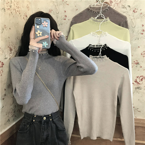 Real price real shot fungus edge half high collar white bottomed shirt women's spring and autumn long sleeved sweater