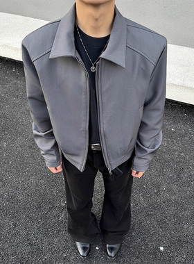 灰色美式复古垫肩行政夹克男款秋季潮牌正肩cleanfit翻领短款外套