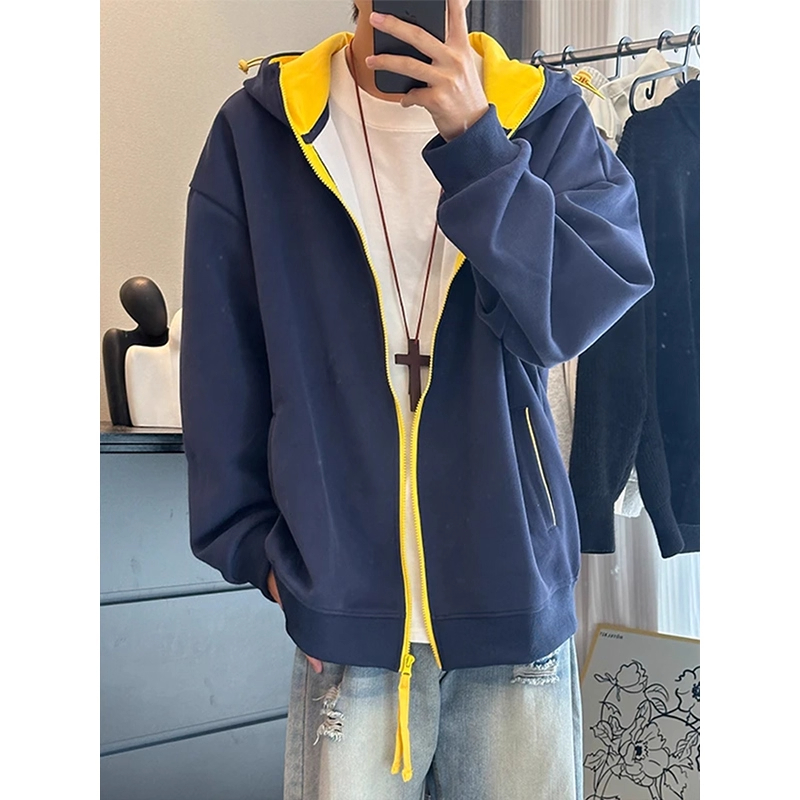 cleanfit重磅拼色卫衣男秋季美式复古短宽连帽开衫外套情侣装衣服