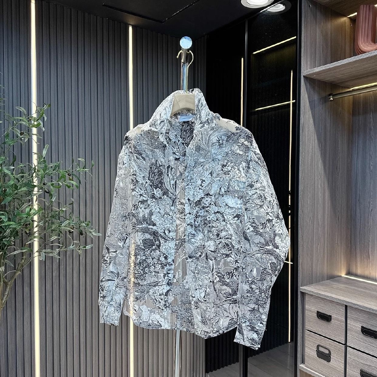 方领长袖美式纱镂空衬衫衬衫