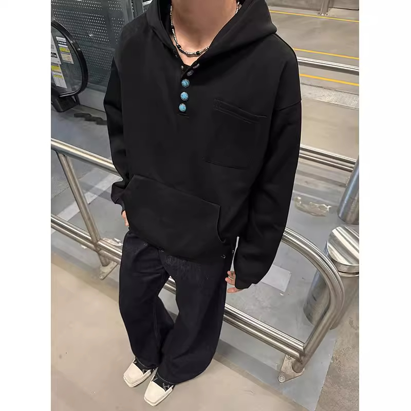 灰色美式复古重磅卫衣男冬季高级感绿松石纽扣连帽衫休闲套头外套