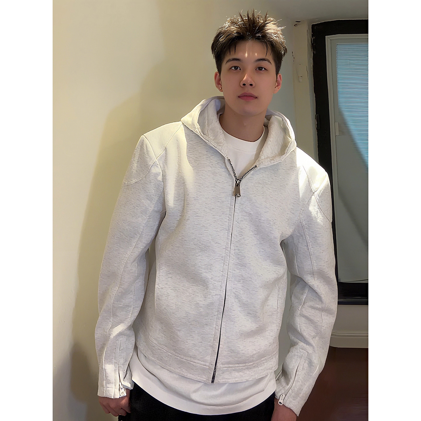 燕麦花灰美式机车风正肩卫衣男款秋季重磅拉链连帽衫boxy开衫外套