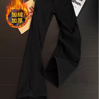 黑色加绒柳叶弯刀牛仔裤男美式高街青少年显瘦直筒微喇加厚长裤子