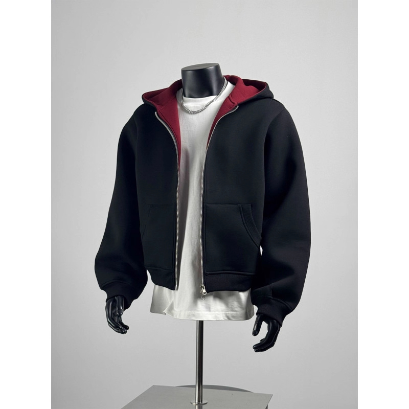 黑红双层带帽开衫卫衣