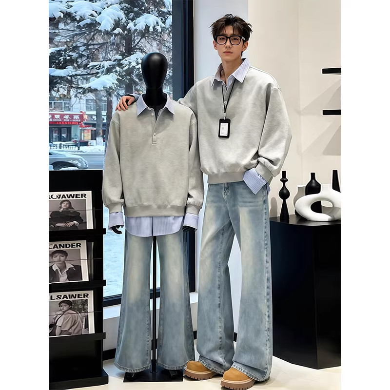 灰色假两件亨利领卫衣男款冬季韩系条纹翻领polo衫长袖内搭打底衫,男装,卫衣,淘宝优惠券,粉丝福利购,淘宝优惠卷