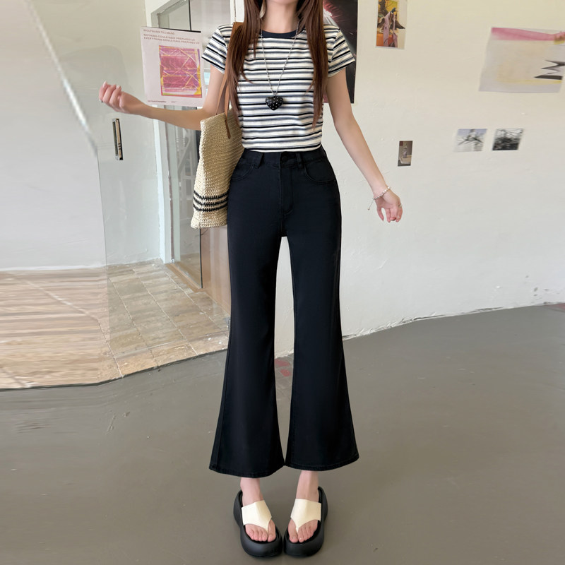 天丝超薄黑色八分微喇牛仔裤女夏季微宽松小个子150cm148薄款裤子
