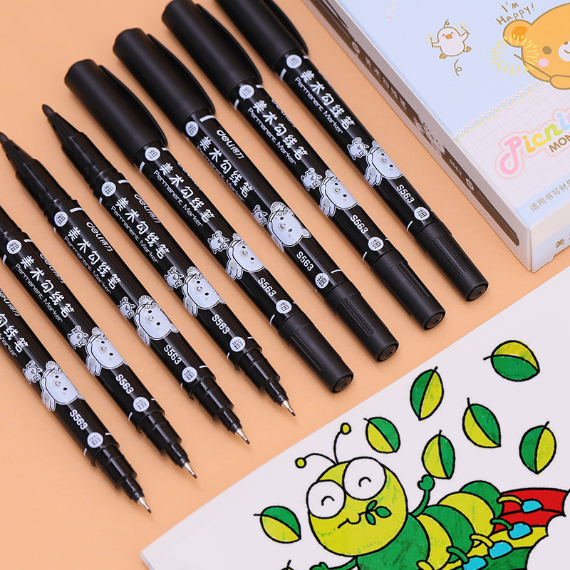 得力勾线笔小学生美术勾边笔描边记号笔幼儿园儿童绘画黑色小双头描边记号笔粗细手绘彩色油性粗头描钩线专业,文具电教/文化用品/商务用品,勾线笔,淘宝优惠券,粉丝福利购,淘宝优惠卷