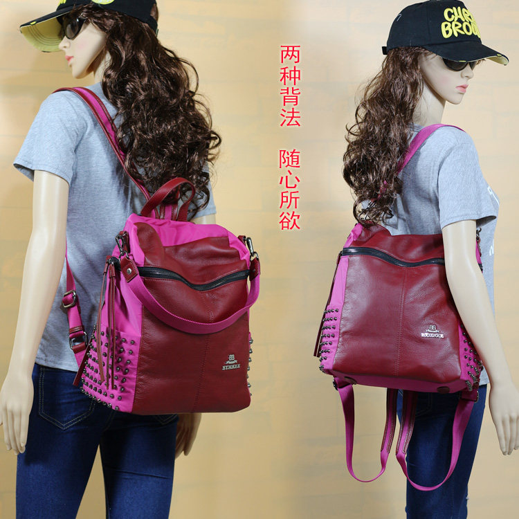 碧瑟瑞BTHREE新款正品皮配布原创简约女双肩运动单肩包三两用背包