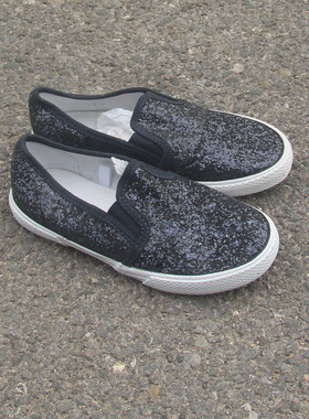 满2包邮8.31瑕疵低帮女大童亲子金光闪套脚一脚蹬帆布童鞋