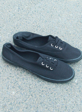 满2包邮6.16瑕疵女士低帮系带浅口纯黑色工作鞋帆布女鞋