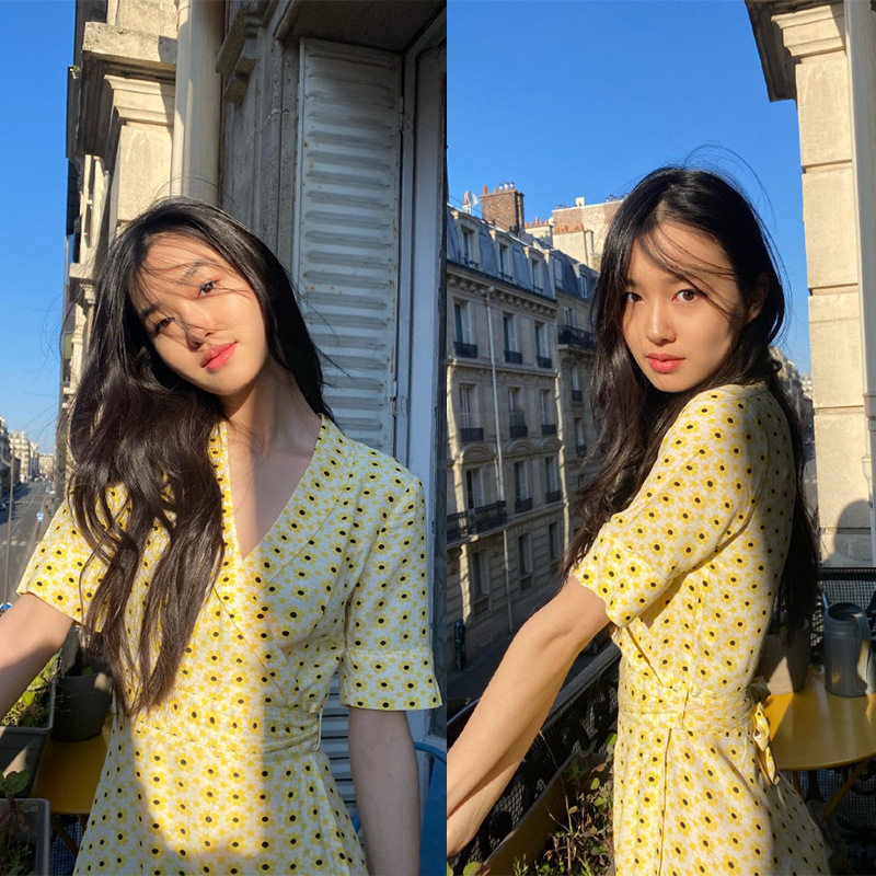 香港it代购ins陈瑜明星同款碎花法式小雏菊连衣裙长款收腰女复古