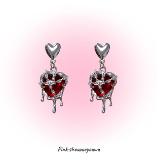 PINK-禁锢跳动de心原创设计复古高级甜酷辣妹酒红爱心925耳钉耳夹