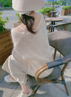 【Dear zhazha】韩国温柔软糯奶油米镂空V领马海毛薄针织开衫毛衣