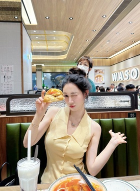 【Dear zhazha】港岛奶咖~浅黄色修身Polo翻领冰麻薄针织无袖背心