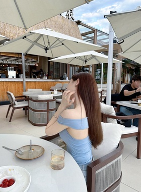 【Dear zhazha】蓝岛风铃~纯欲修身一字肩斜肩露背蓝色短袖短T恤