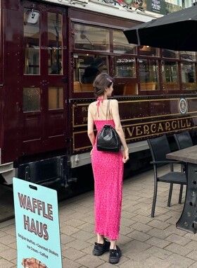 【Dear zhazha】加州时光~玫粉色小碎花修身大露背挂脖吊带长裙