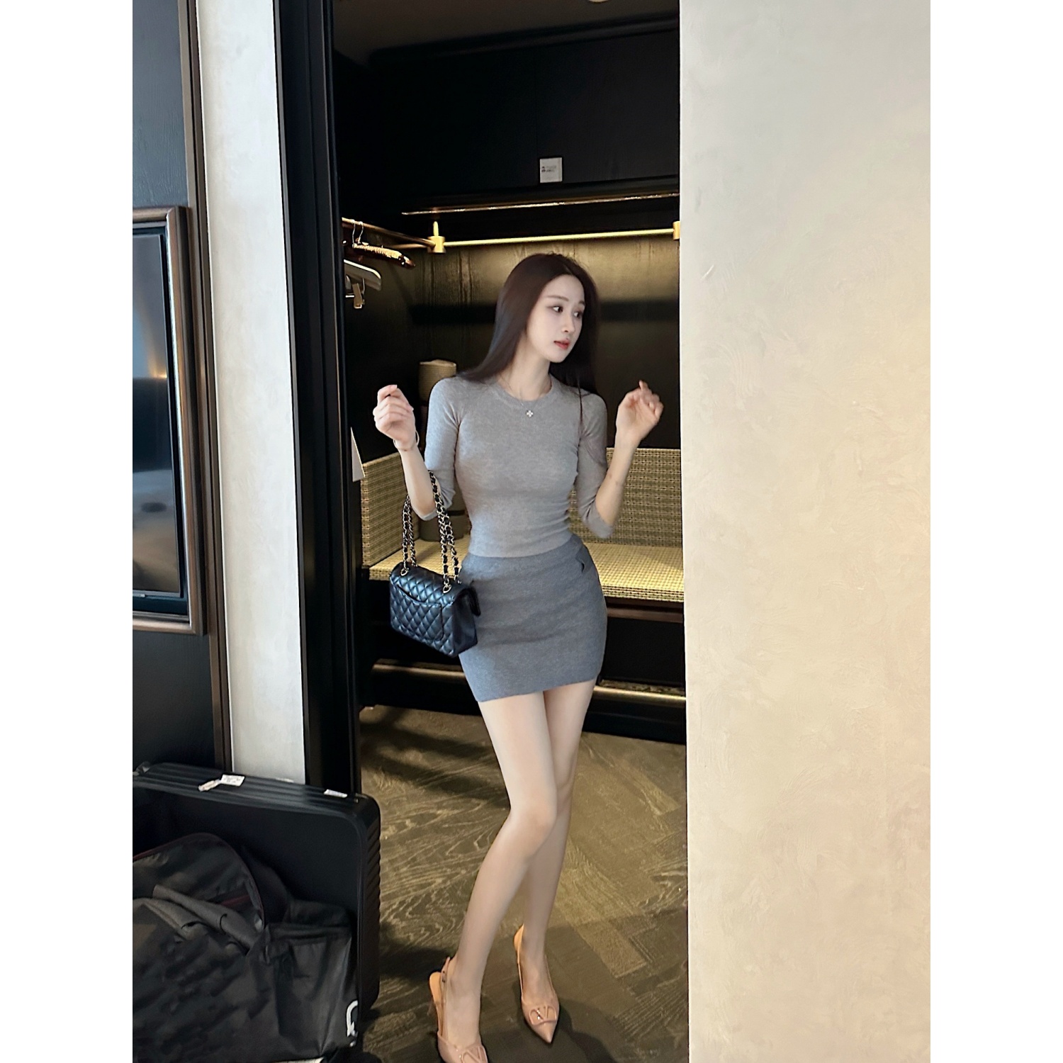 【Dear zhazha】细腰欧尼~韩女两件套七分袖上衣包臀短裙针织套装