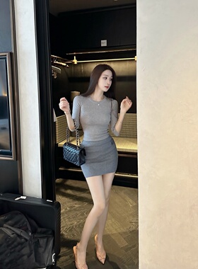 【Dear zhazha】细腰欧尼~韩女两件套七分袖上衣包臀短裙针织套装