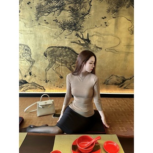 Dear 卡其色半高领七分袖 zhazha 纯欲修身 针织打底衫 京都贵女