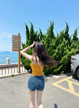 【Dear zhazha】辣妹丰胯热裤~高腰紧身包臀假胯垫蓝色牛仔超短裤