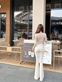 Dear 高腰包臀米白微喇裤 zhazha 修身 喇叭长裤 韩女好搭小白裤