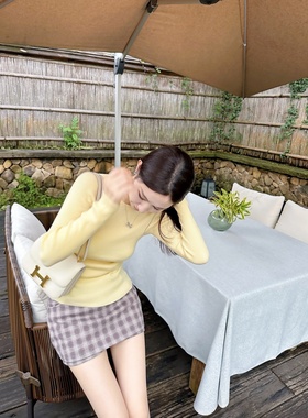 【Dear zhazha】清丽千金~鹅黄色纯欲修身圆领长袖针织衫打底衫