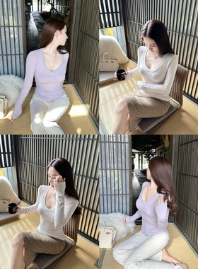 【Dear zhazha】肤感万能t~纯欲修身浅紫色大V领长袖加绒打底衫