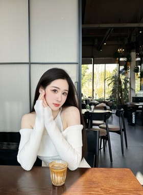 【Dear zhazha】归国白月光~白色纯欲修身一字肩露肩挂脖针织上衣