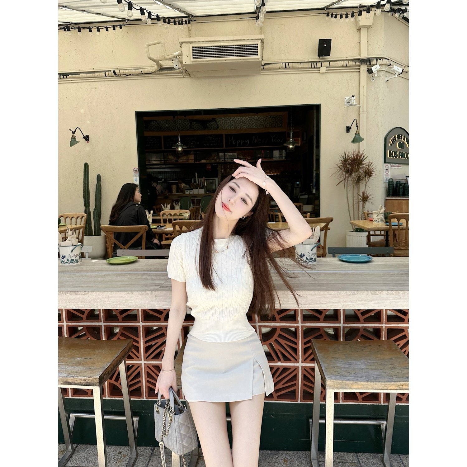 【Dear zhazha】老钱少女感~修身米白色圆领麻花纹薄针织短袖T恤,女装/女士精品,T恤,淘宝优惠券,粉丝福利购,淘宝优惠卷