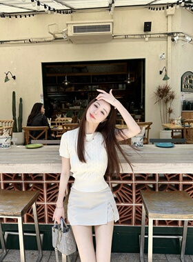 【Dear zhazha】老钱少女感~修身米白色圆领麻花纹薄针织短袖T恤